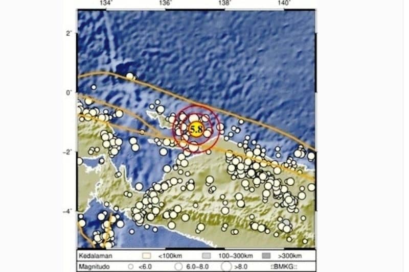 Laporan BMKG tentang gempa bumi magnitudo 5,8 di Kabupaten Yapen, Papua pada Minggu (17/4) pukul 14.49 WIT