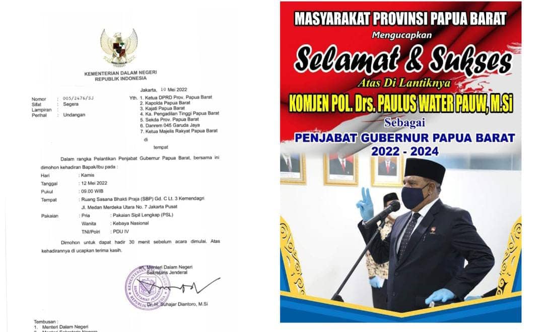 Surat undangan pelantikan PJ Gubernur Papua Barat, 12 Mei 2022.