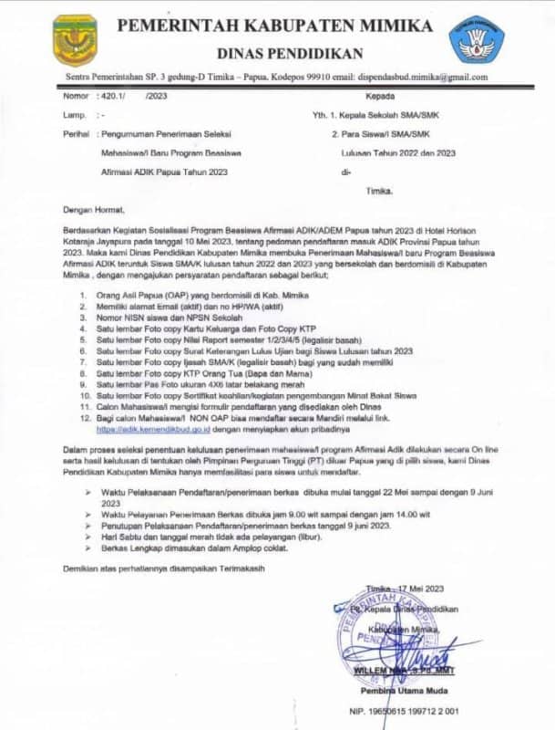 Ilustrasi berita Mimika: Minta Pemda Mimika Prioritaskan OAP Dalam Seleksi Penerimaan Beasiswa Afirmasi – ADIK Papua 2023
