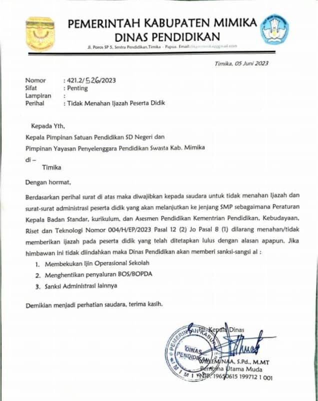 Ilustrasi berita Mimika: Dengan Alasan Apapun, Sekolah Tidak Boleh Tahan Ijazah Peserta Didik, Melanggar Ini Sanksinya….