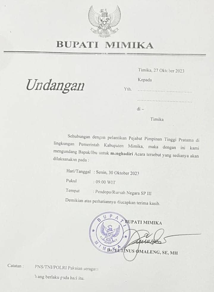 Ilustrasi berita Mimika: Breakingnews : Pagi Ini, Bupati Mimika Lantik Sejumlah Pejabat Eselon
