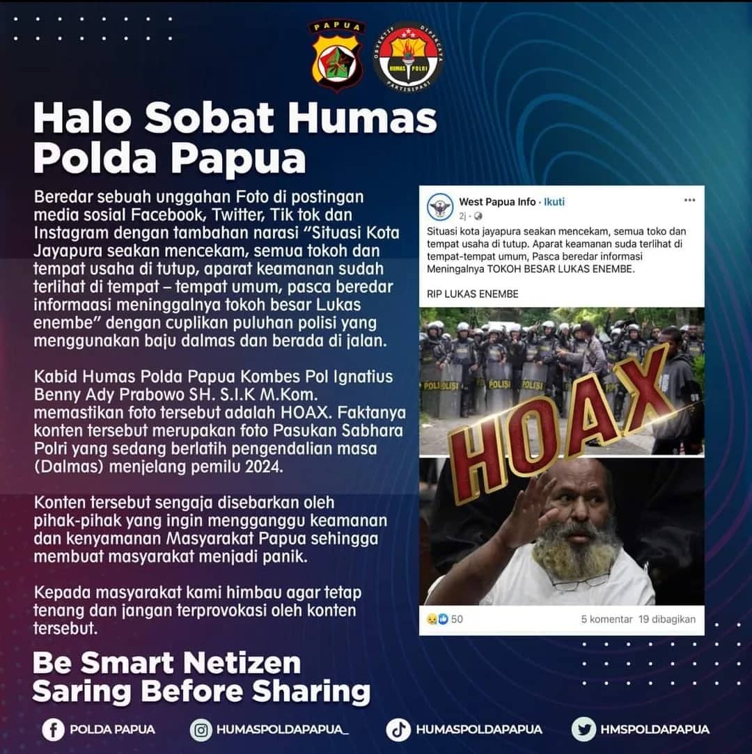 Ilustrasi berita Papua: Beredar Hoax Rusuh Pasca Meninggalnya Lukas Enembe, Kabid Humas: Warga Jangan Mudah Terprovokasi
