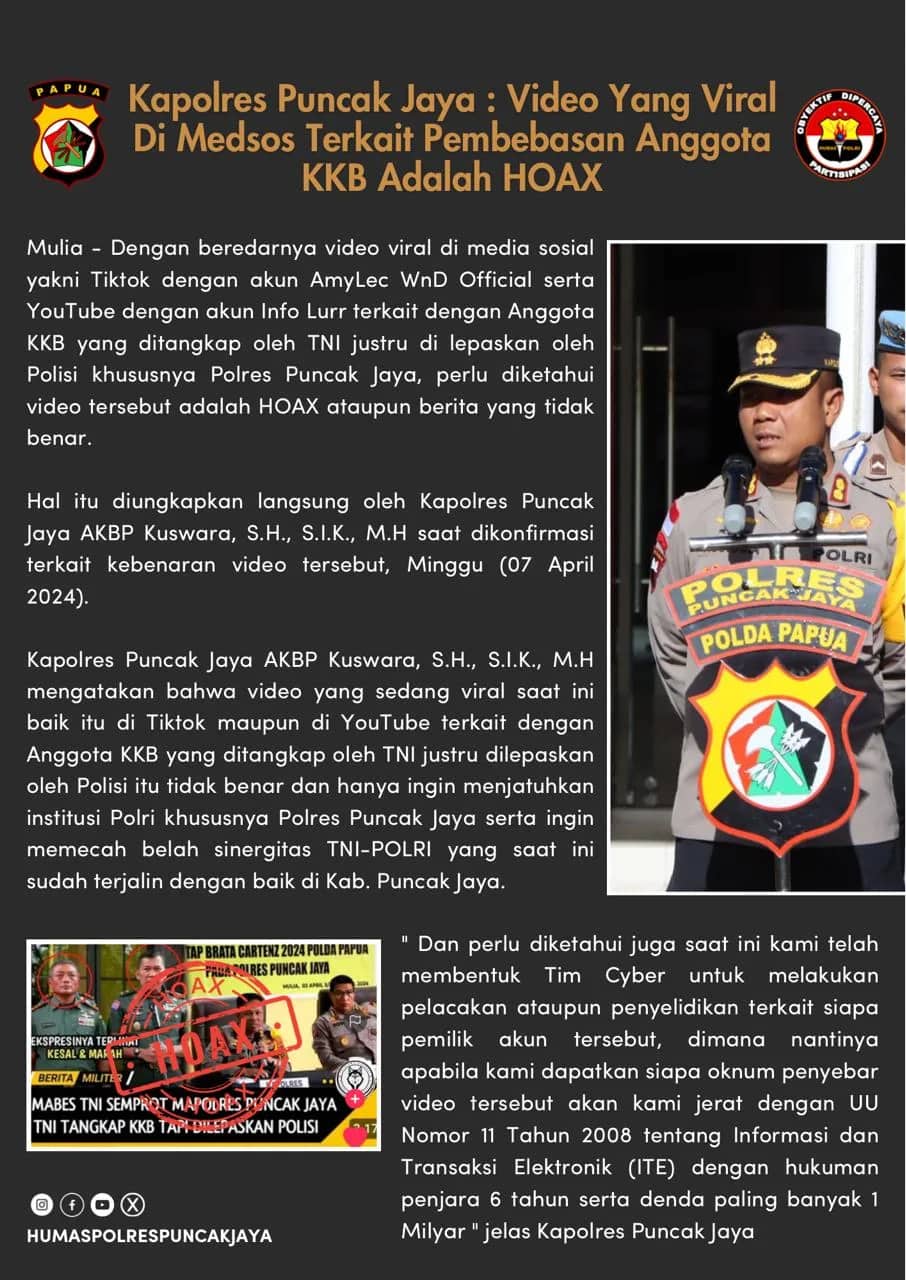 Ilustrasi berita Papua: Viral di Medsos Anggota KKB Dibebaskan, AKBP Kuswara: Itu Berita HOAX