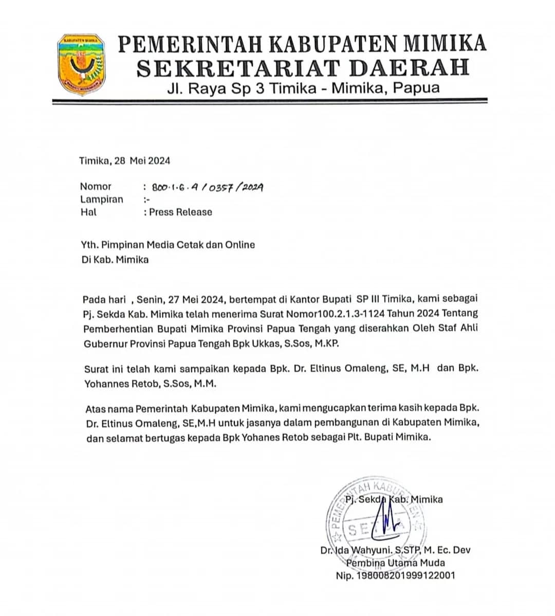 Ilustrasi berita Mimika: Pj Sekda Mimika Terima Surat Pemberhentian Eltinus Omaleng dan Pengangkatan Johannes Rettob Sebagai Bupati Mimika
