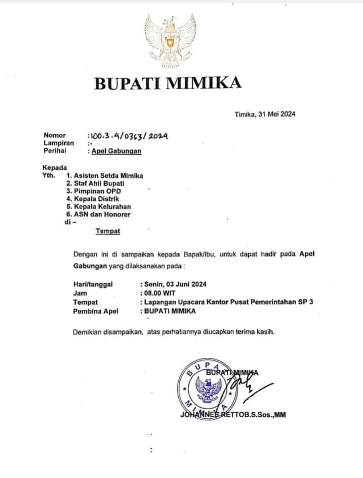 Ilustrasi berita Mimika: Pasca Resmi Diangkat Sebagai Bupati Mimika, Besok John Rettob Pimpin Apel Perdana