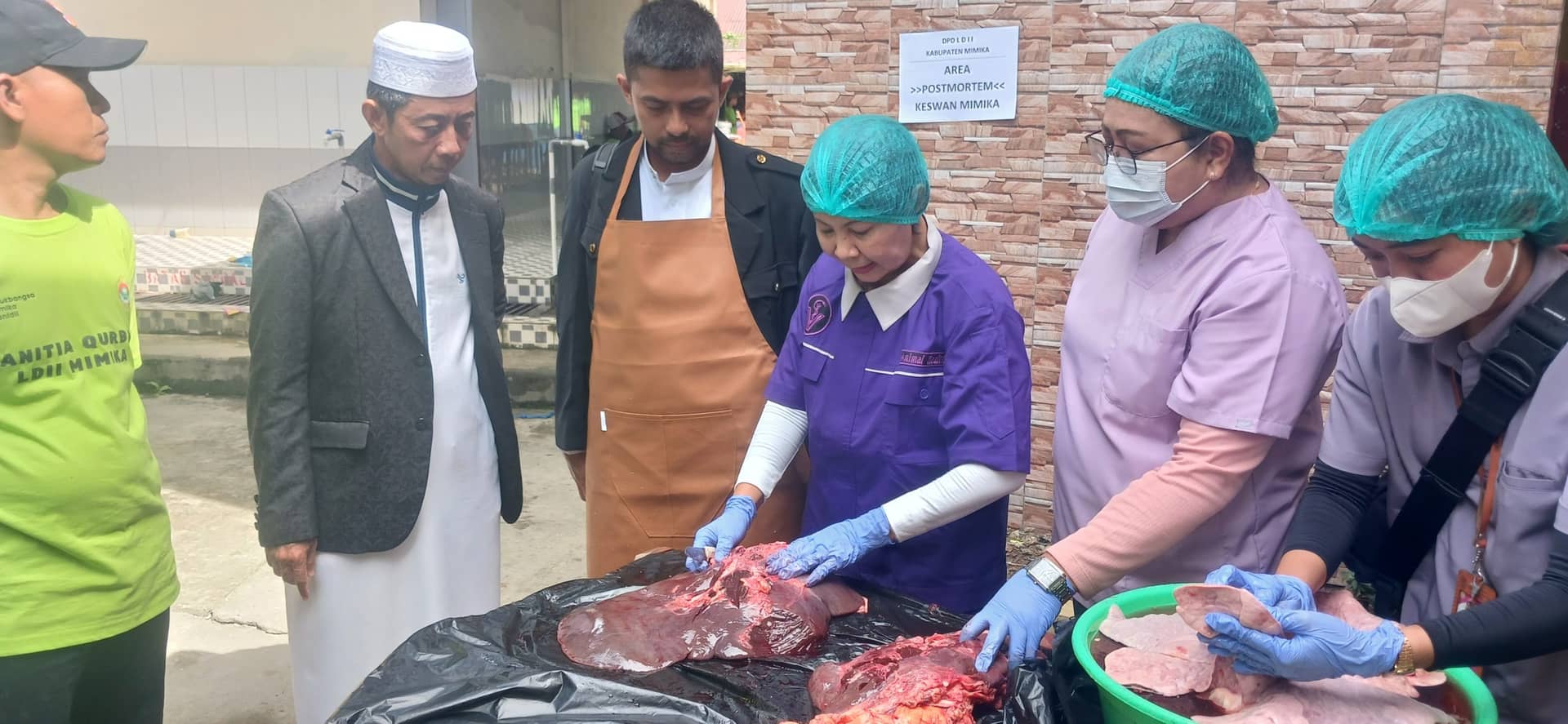 Kepala Dinas Peternakan dan Kesehatan Hewan Kabupaten Mimika, drh Sabelina Fitriani melakukan pemeriksaan hewan kurban di Masjid LDDI Miftahul Huda didampingi Ketua PHBI Mimika Ustad Joko Prianto dan pengurus masjid.