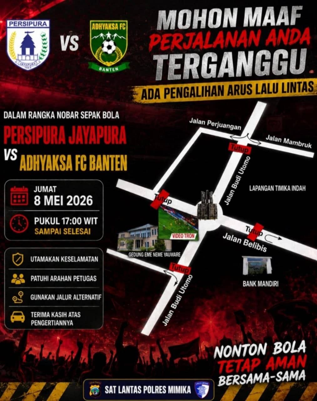 Ilustrasi berita Mimika: Jelang Nobar Persipura vs Adhyaksa FC, Satlantas Mimika Alihkan Arus Lalu Lintas yang Melewati Lingkaran Timika Indah
