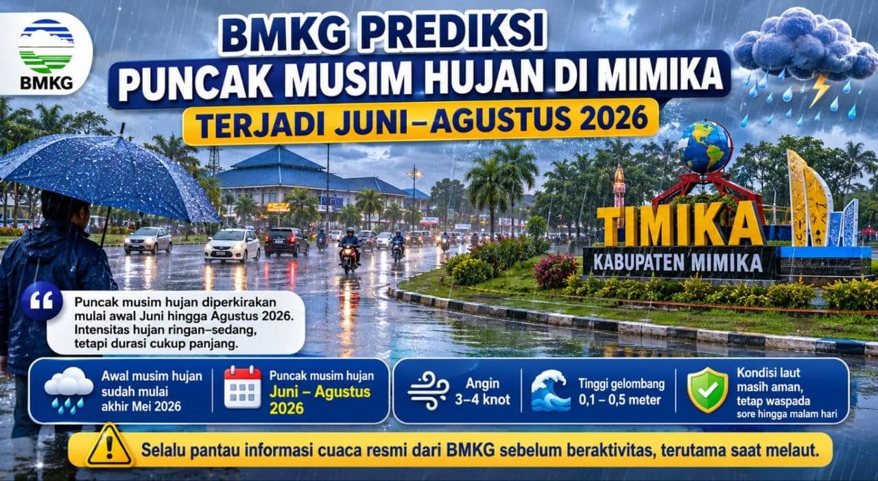 Ilustrasi berita Mimika: Masuki Musim Penghujan, BMKG Prediksi Puncak Hujan di Mimika Terjadi Juni–Agustus 2026