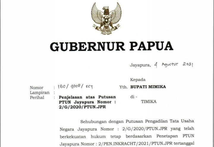 Surat Gubernur Papua terkait status DPRD Mimika
