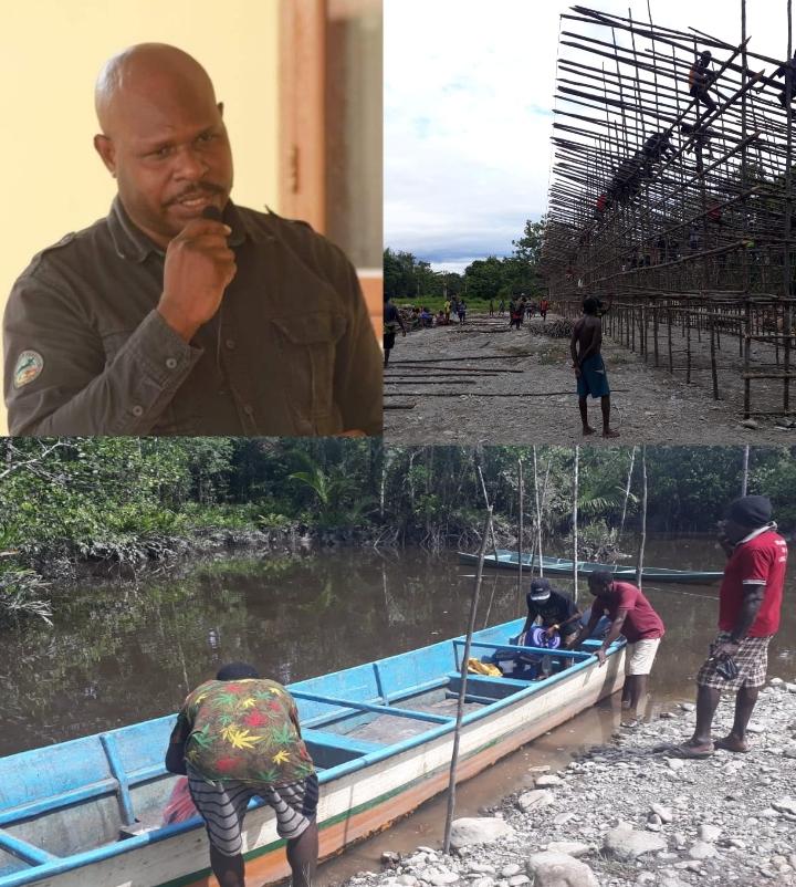 Hidup warga suku Kamoro bergantung pada perahu, sungai, dan sagu. Namun banyak tempat hidup mereka dijual. Foto insert : Dr. Leonard Tumuka (kiri) pembuatan karapao (kanan)