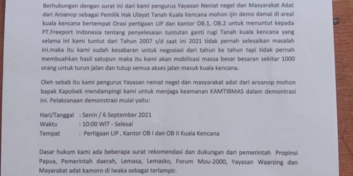 Yayasan Neinat Negel dan Masyarakat Aroanop Ancam Duduki Area Kota Kuala Kencana, Senin Gelar Demo