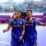 Tiga pemain futsal Jawa Barat saat melakukan selebrasi dalam laga sebelumnya di GOR Futsal PON XX Papua Klaster Mimika. Tim Jawa Barat mampu mengkandaskan harapan dari Sulsel dengan skor 3-1, Senin (27/9/2021)/Foto : Fernando Rahawarin/HumasPMM PENGHUBUNG : HUSYEN OPA : 082190721603