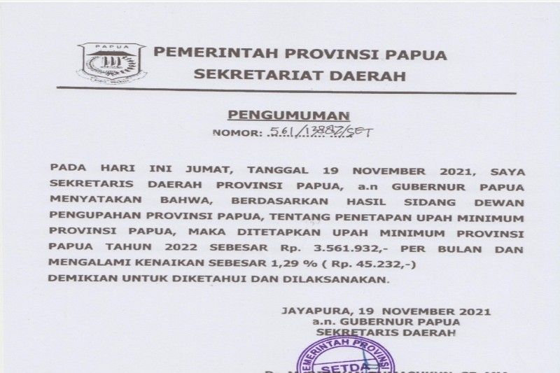 Tangkapan layar surat penetapan UMP Papua 2022
