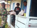 Personel Babinsa Koramil Jila Serda Lamberthus Stevanus membagikan paket sembako langsung ke rumah warga terdampak corona di kampung Deloa I Kabupaten Mimika Papua.
