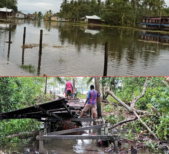 Foto atas : Banjir rob mengubahapangan Atuka berubah jadi danau Foto bawah : Jembatan rusak akibat diterjang banjir rob.