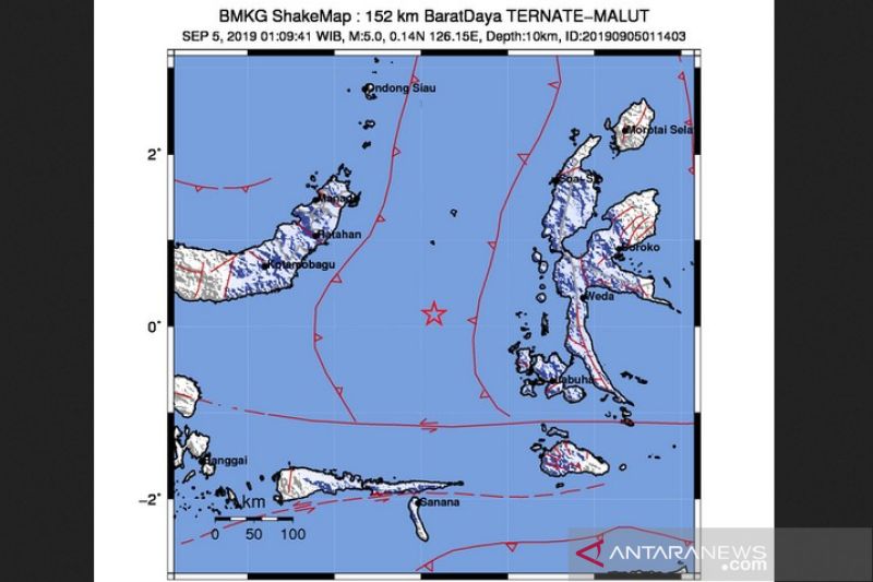 Ilustrasi tangkapan layar gempa bumi mengguncang Barat Daya Ternate, Maluku Utara, Kamis (30/12/2021) pukul 01.09 WIB.