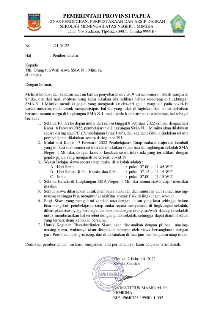 Surat pemberitahuan pelaksanaan pembelajaran jarak jauh di SMA Negeri 1 Mimika