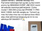 Akun facebook milik warga Timika yang diretas pelaku penipuan untuk mengirim promosi hadiah undian berhadiah (hanya tipuan) kepada para calon korban