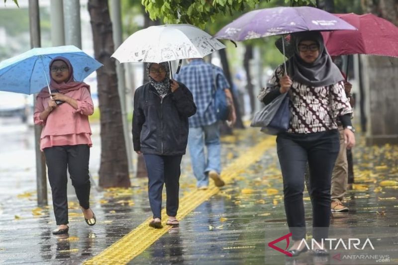 Ilustrasi orang berjalan menggunakan payung ditengah hujan
