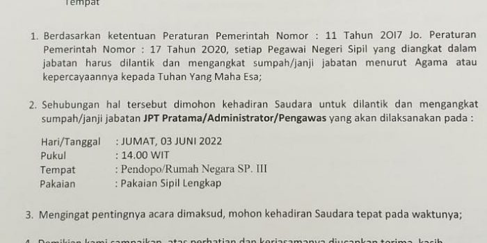 Pelantikan dan Pengambilan Sumpah Janji 15 Pejabat Eselon II Pemda Mimika Digelar Jam 2 Siang