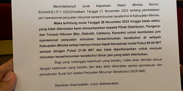 Penjualan Minuman Keras di Timika Dibatasi Hanya Sampai Jam 9 Malam, Berani Melanggar Ini Resikonya…