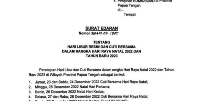 Gubernur Papua Tengah Tetapkan 10 Hari Libur dan Cuti Bersama Dalam Rangka Perayaan Natal dan Tahun Baru 2023