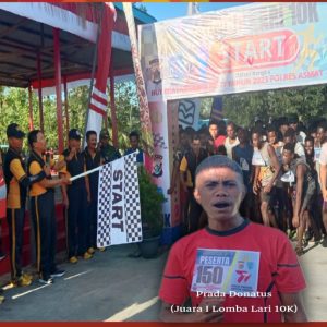 Prada Donatus dari Yonif 125/Si’mbisa Pos Agats Berhasil Catat Waktu Tercepat Dalam Lomba Lari 10K yang Digelar Polres Asmat