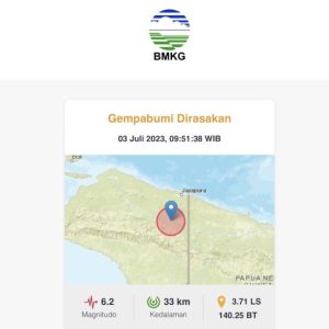 BMKG Sebut Gempa Magnitudo 6,2 Guncang Keerom Papua